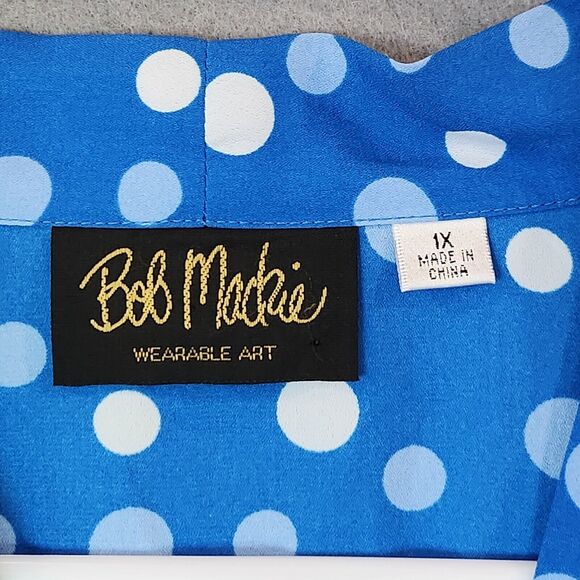 Bob Mackie Women's 1X Button Front Blue & White Polka Dot Printed Top - Picture 3 of 11